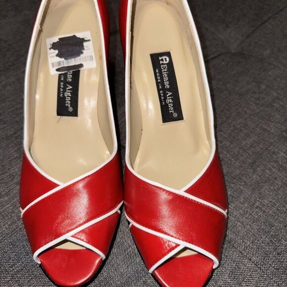 Etienne Aigner Red/White Peep Toe Slip On Thick Block Heel Leather Size 8.5 M - Picture 15 of 16